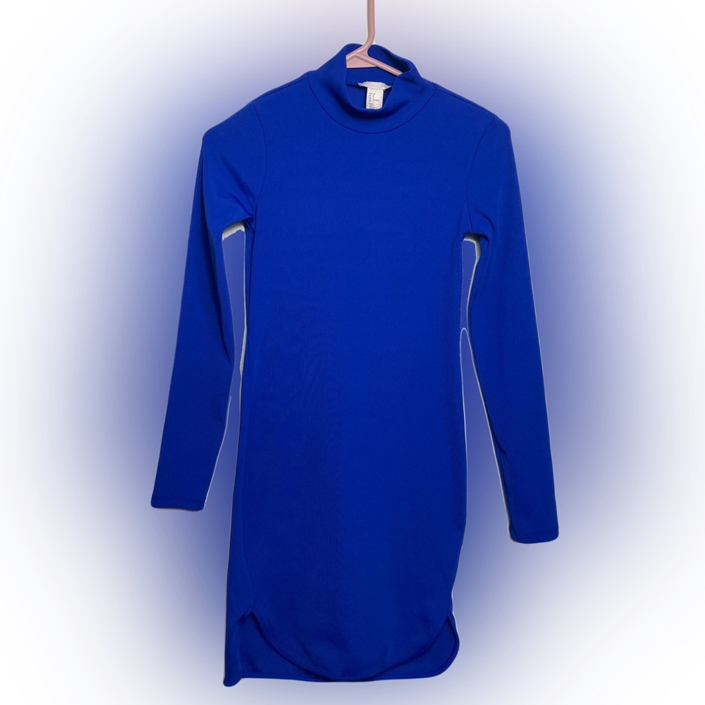 H&M Royal Blue Ribbed Dress Size 6 Great Stretch Long Sleeve